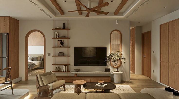 Modern interior design with warm wooden finishes